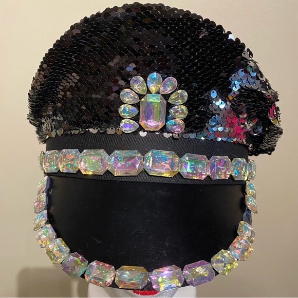 Black Iridescent Sequin Studs Steampunk Music Festival Captain Hat - Picture 5 of 5